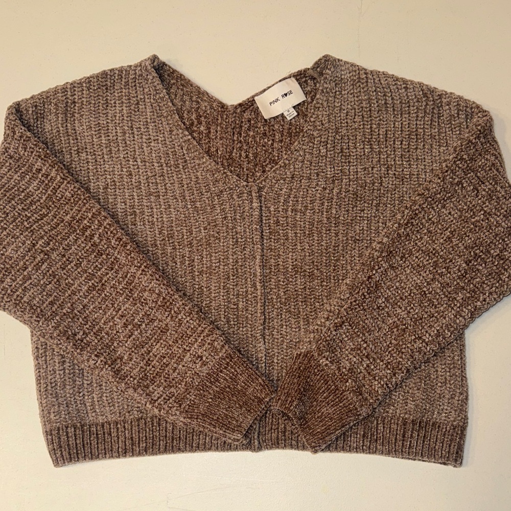 Pink Rose Brown V-Neck Sweater